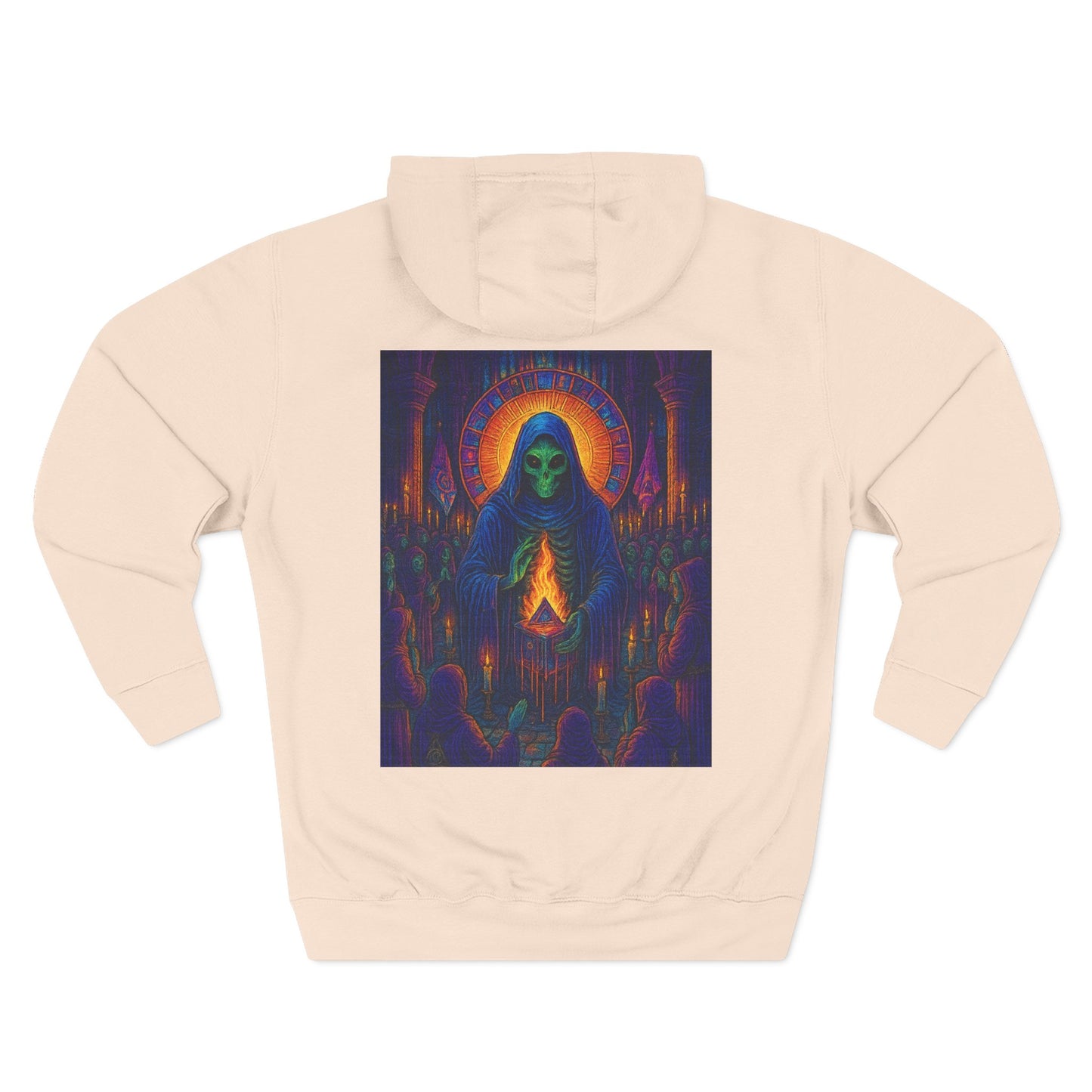 Vibrant Three-Panel Fleece Hoodie, Cozy Sweatshirt for Fall, Unique Graphic Hoodie, Artistic Gift, Festival Wear Saint Death By Trueiluminati