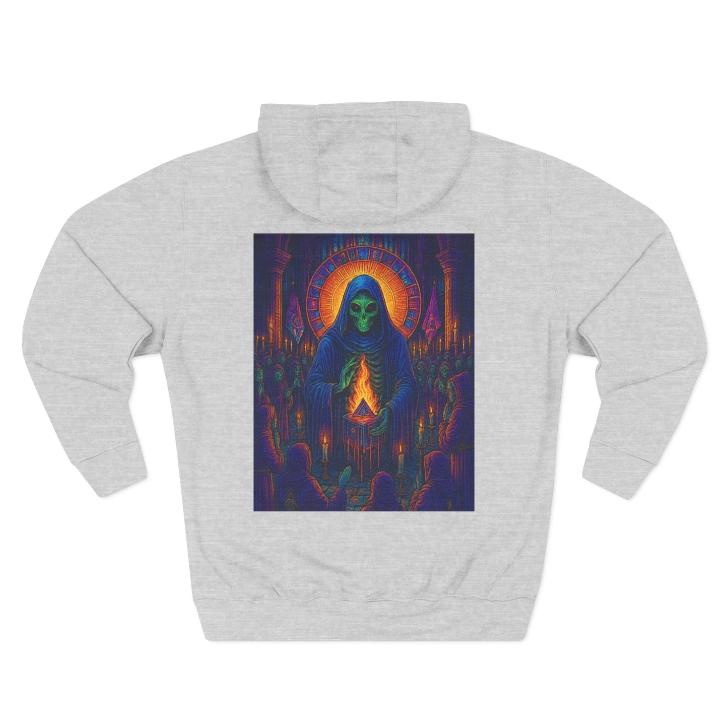 Vibrant Three-Panel Fleece Hoodie, Cozy Sweatshirt for Fall, Unique Graphic Hoodie, Artistic Gift, Festival Wear Saint Death By Trueiluminati