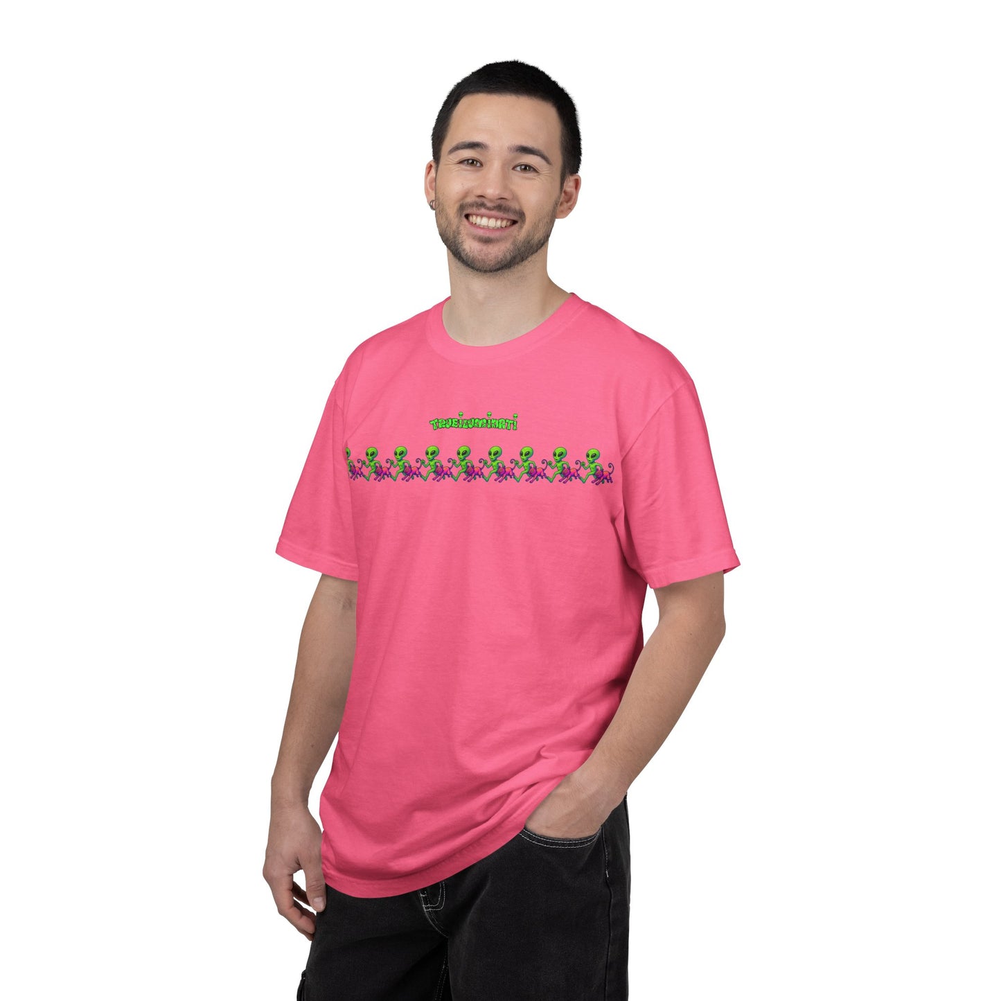 Alien-Inspired Garment-Dyed Unisex T-Shirt, Fun Graphic Tee, Casual Wear, Gift for Space Lovers, Unique Everyday T-Shirt