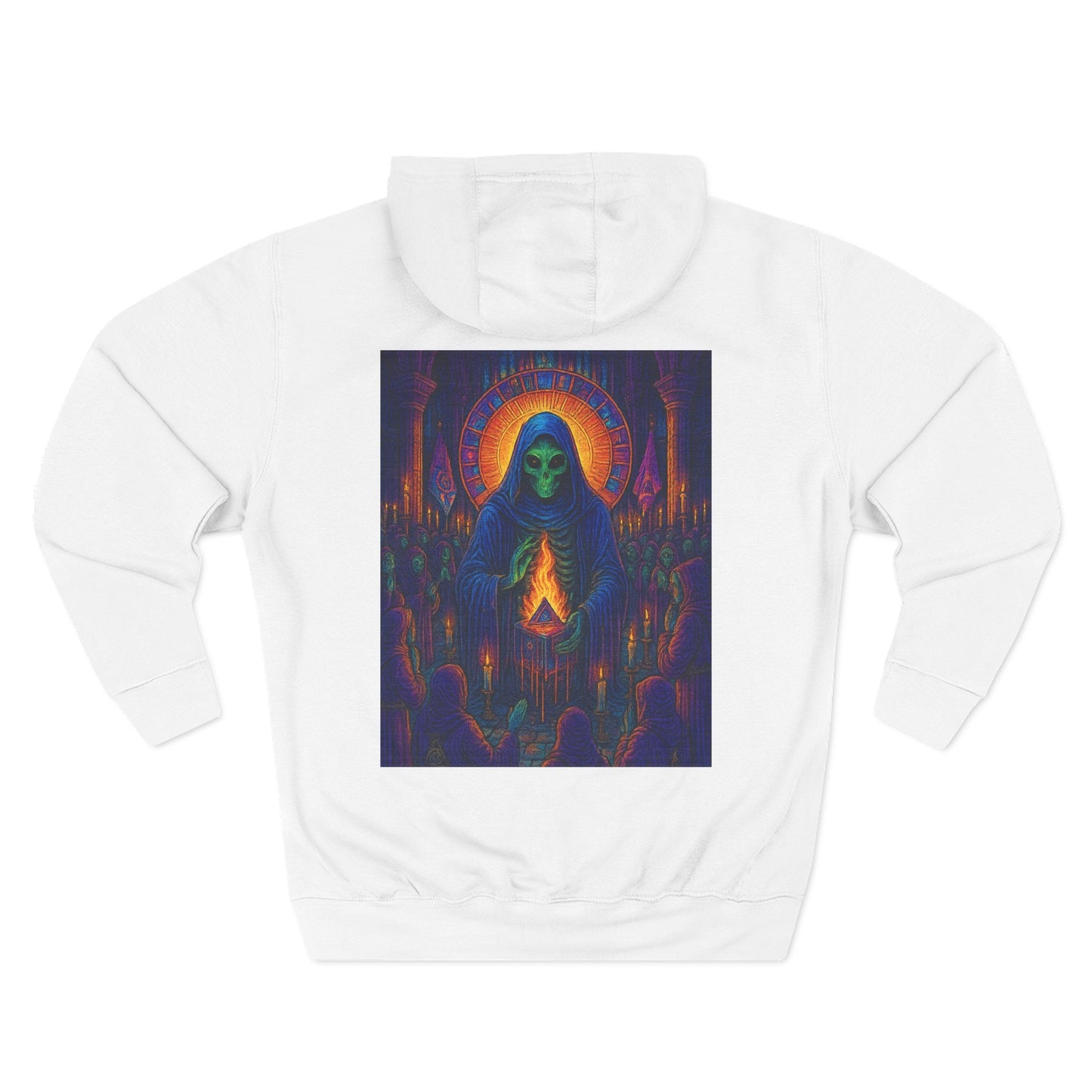 Vibrant Three-Panel Fleece Hoodie, Cozy Sweatshirt for Fall, Unique Graphic Hoodie, Artistic Gift, Festival Wear Saint Death By Trueiluminati
