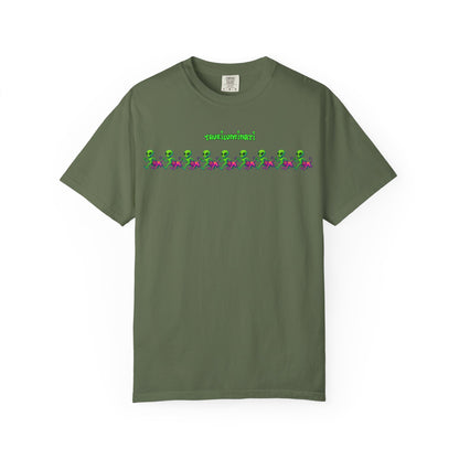 Alien-Inspired Garment-Dyed Unisex T-Shirt, Fun Graphic Tee, Casual Wear, Gift for Space Lovers, Unique Everyday T-Shirt