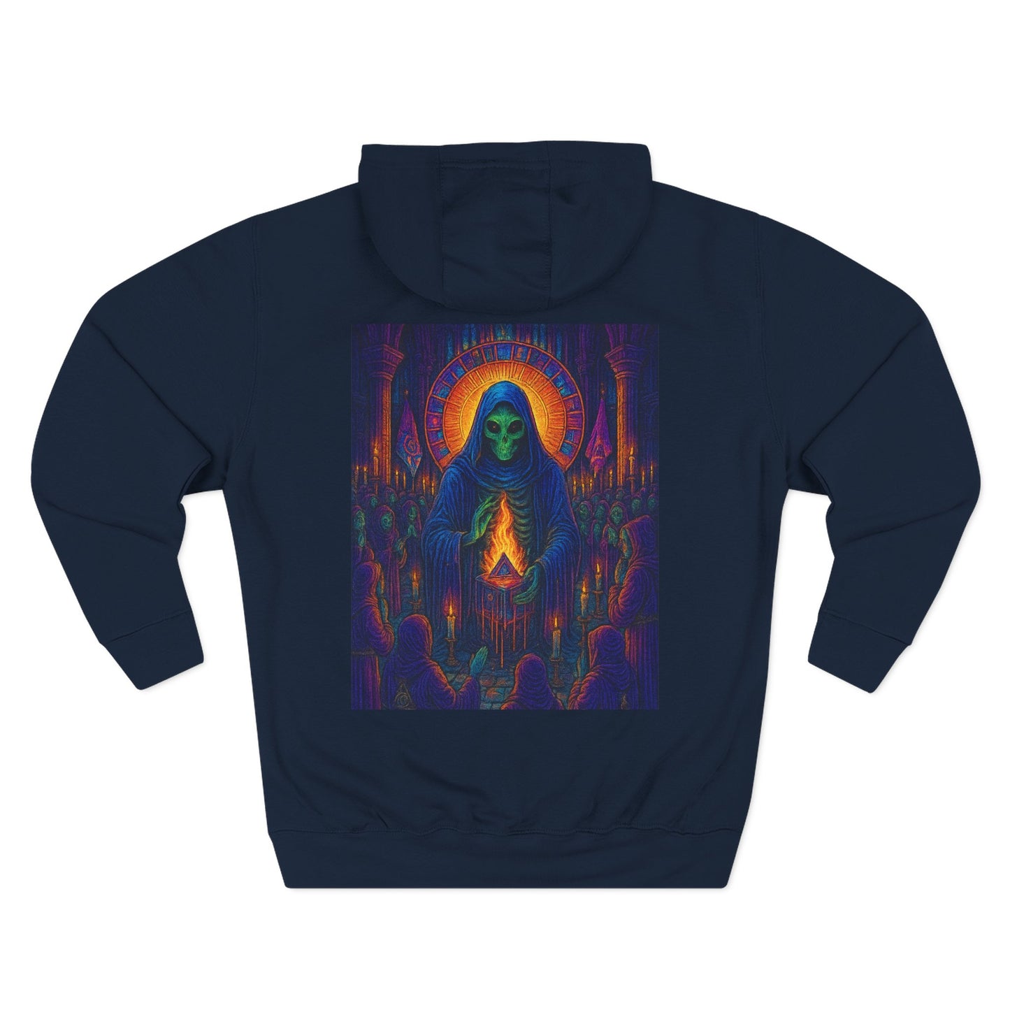 Vibrant Three-Panel Fleece Hoodie, Cozy Sweatshirt for Fall, Unique Graphic Hoodie, Artistic Gift, Festival Wear Saint Death By Trueiluminati