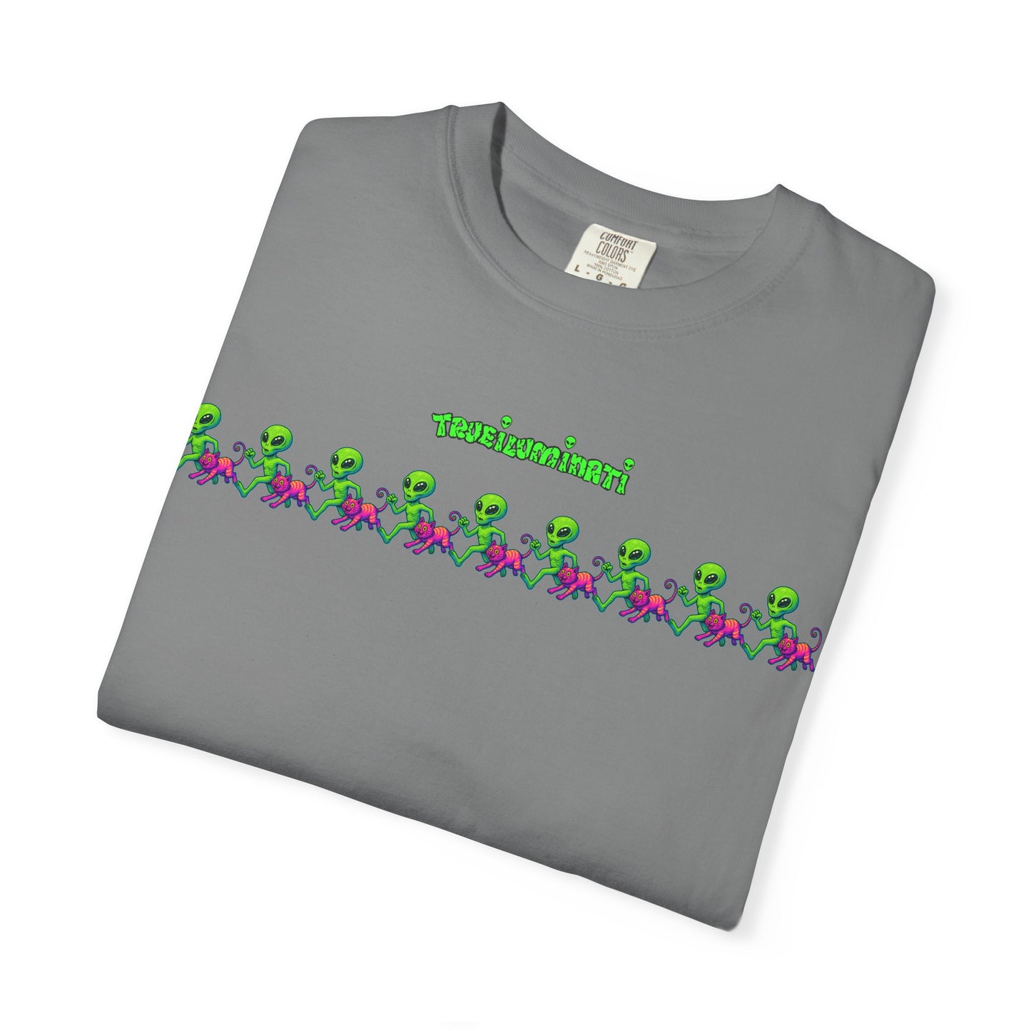 Alien-Inspired Garment-Dyed Unisex T-Shirt, Fun Graphic Tee, Casual Wear, Gift for Space Lovers, Unique Everyday T-Shirt