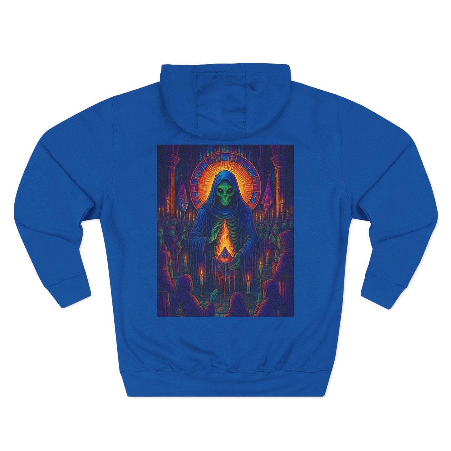 Vibrant Three-Panel Fleece Hoodie, Cozy Sweatshirt for Fall, Unique Graphic Hoodie, Artistic Gift, Festival Wear Saint Death By Trueiluminati
