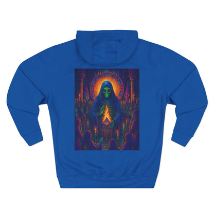 Vibrant Three-Panel Fleece Hoodie, Cozy Sweatshirt for Fall, Unique Graphic Hoodie, Artistic Gift, Festival Wear Saint Death By Trueiluminati
