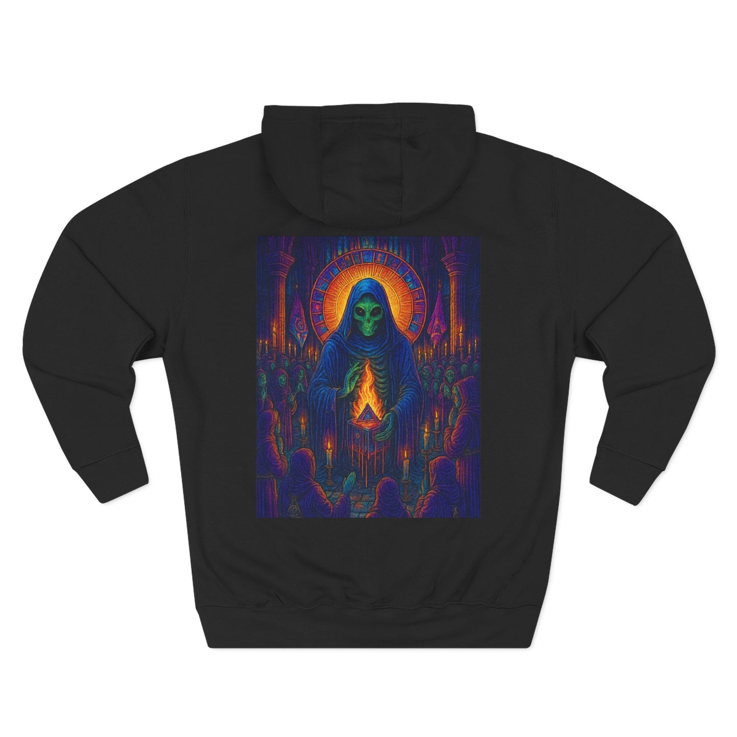 Vibrant Three-Panel Fleece Hoodie, Cozy Sweatshirt for Fall, Unique Graphic Hoodie, Artistic Gift, Festival Wear Saint Death By Trueiluminati