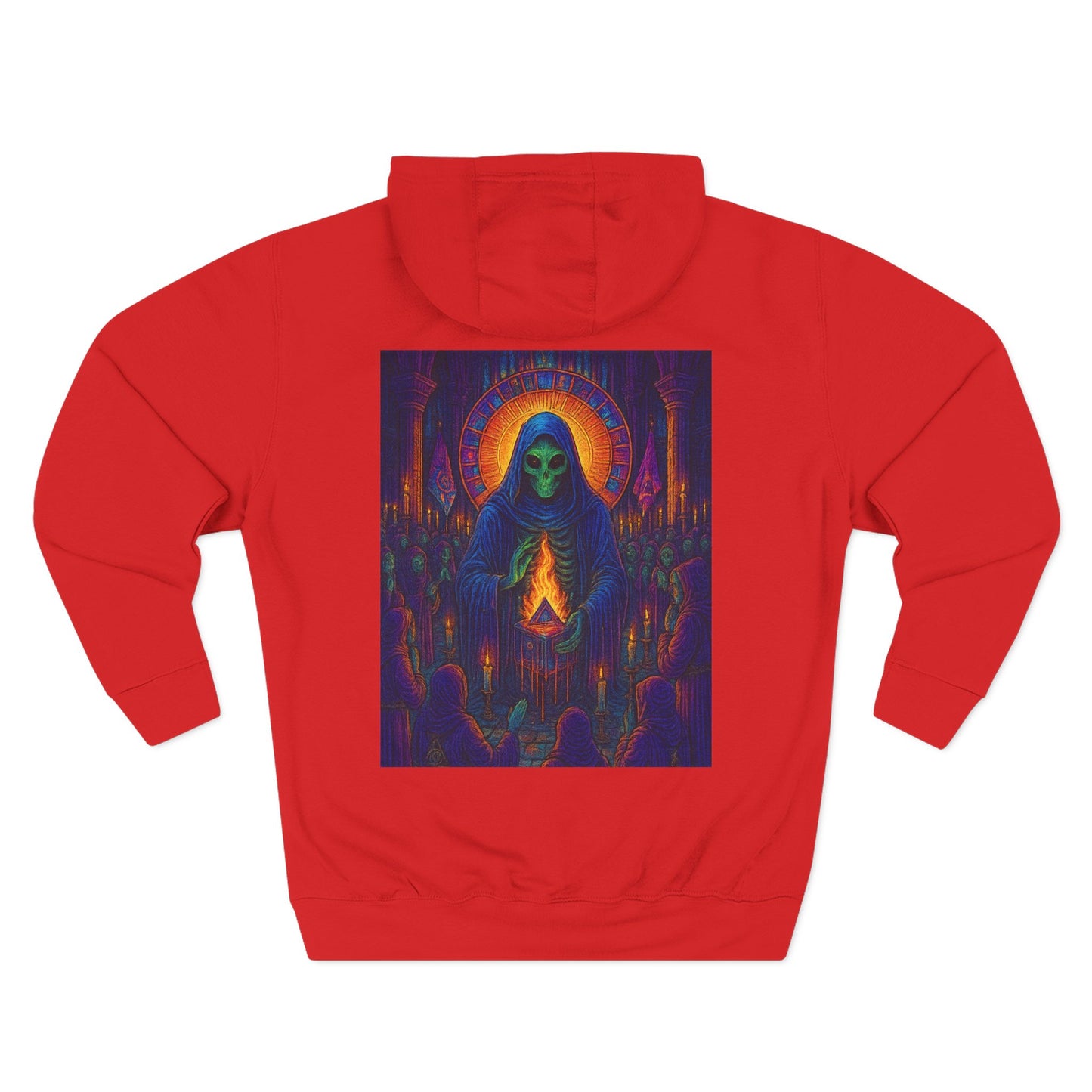 Vibrant Three-Panel Fleece Hoodie, Cozy Sweatshirt for Fall, Unique Graphic Hoodie, Artistic Gift, Festival Wear Saint Death By Trueiluminati